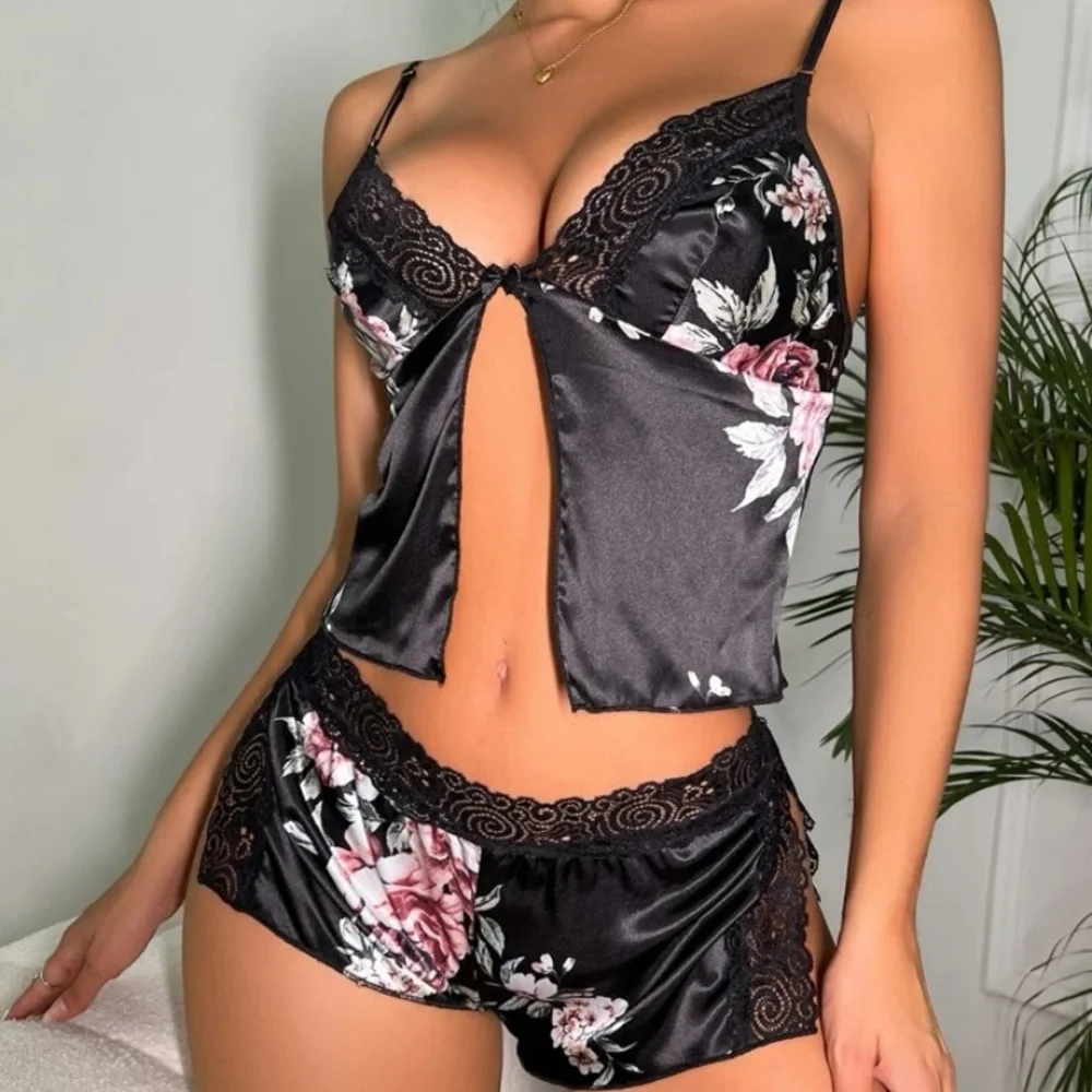 New Black Satin Floral 2-Piece Pajama Set - Picture 2 of 5